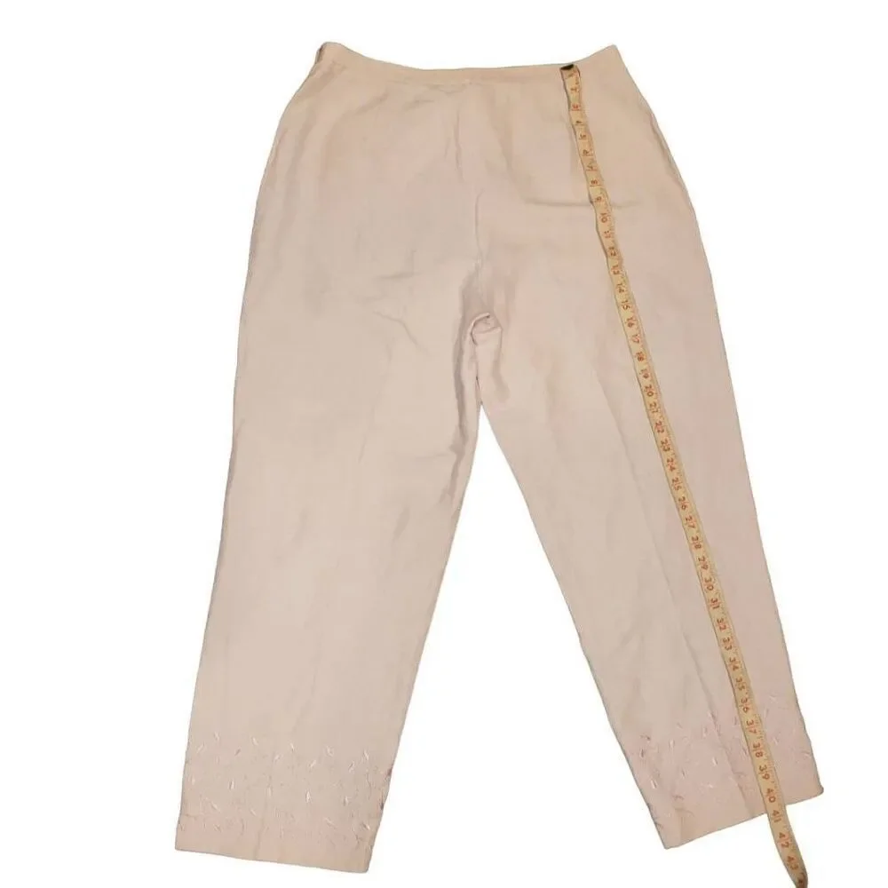 Josephine Chaus Silk Linen Pink Pants With Floral Embroider Trim Size 14  NWOT - Picture 5 of 10